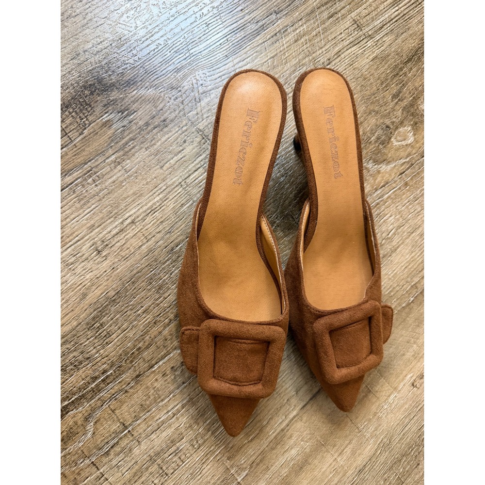 Feriezeot Cognac Brown Suede Pointed Toe Kitten Heel Mules Buckle Size 7